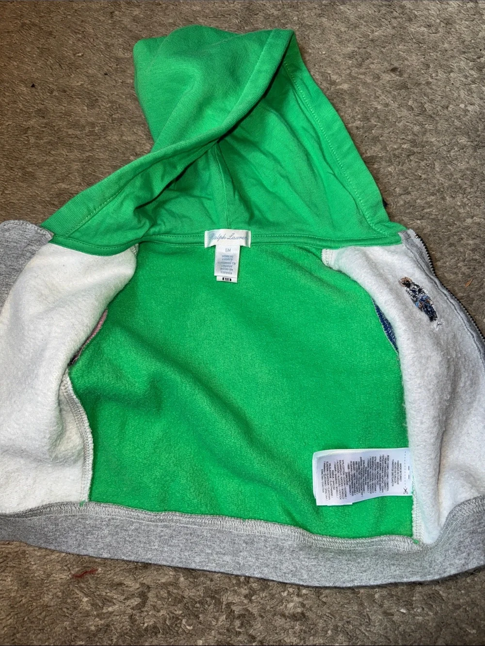 Polo by Ralph Lauren Kids Gray Zip Hoodie with Green Hood, Pink & Blue Sleeves